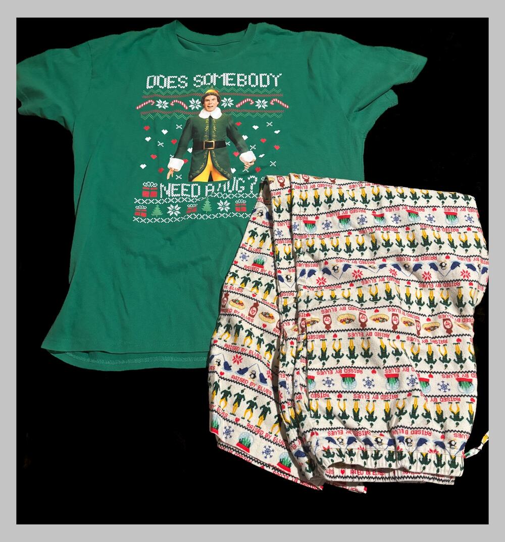 Elf Christmas Pajama Set XL Buddy Does Somebody Need a Hug Raised by Elves